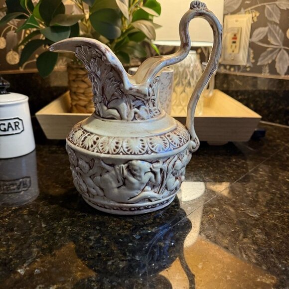 Vintage Ceramic Pitcher With Embossed Cherub & Nature Design Signed By P. Lewis - Picture 3 of 6